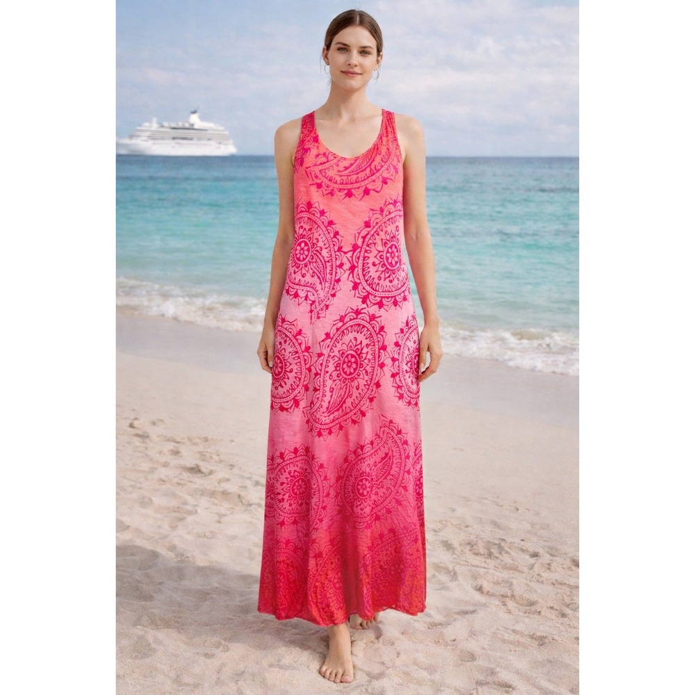 WB4 Tommy Bahama Maxi Dress XL Pink Orange Paisley Sleeveless Tank Casual‎